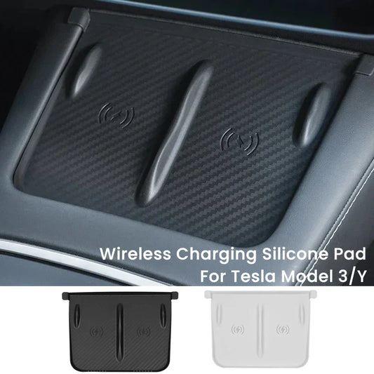 For Tesla Model 3/Y Wireless Charging Silicone Pad – Carbon Fibre Central Control Charger Protector Cover Non-Slip Mat Accessories