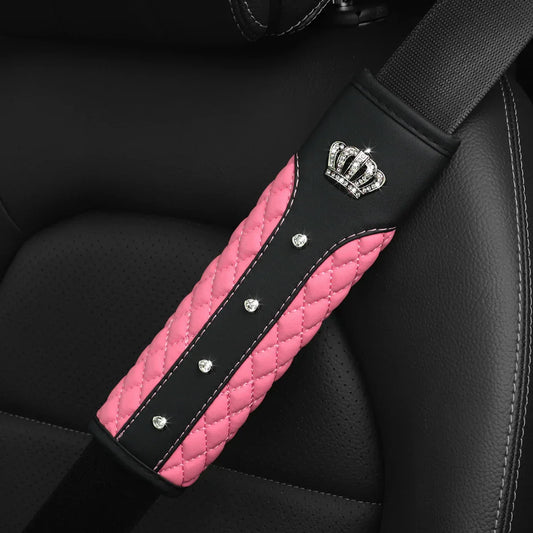Diamond-Encrusted Bling Crown Seat Belt Shoulder Strap – Faux Sheepskin Comfort Safety Belt Cover Car Accessory